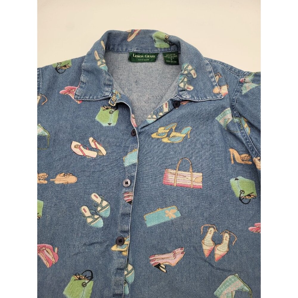 VTG LEMON GRASS Denim Shirt Women's Small Print Shoes Purses Novelty Granny - Picture 7 of 7